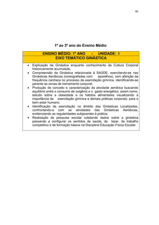 46




                   1º ao 3º ano do Ensino Médio

          ENSINO MÉDIO: 1º ANO  - UNIDADE: I
               EIXO TEMÁTICO GINÁSTICA
•   Explicação da Ginástica enquanto conhecimento da Cultura Corporal
    historicamente acumulada;
•   Compreensão da Ginástica relacionada à SAÚDE, exercitando-se nas
    Ginásticas Aeróbicas (coreografadas com      aparelhos), com aferição da
    frequência cardíaca no processo de exercitação gímnica, identificando-se
    perante as zonas de treinamento corporal;
•   Produção de conceito e caracterização da atividade aeróbica buscando
    equilíbrio entre o consumo de oxigênio e o gasto energético, assim como,
    estudo sobre a obesidade e os hábitos alimentares visualizando a
    importância da exercitação gímnica e demais práticas corporais, para o
    bem estar humano;
•   Identificação da exercitação no âmbito das Ginásticas Localizadas,
    confrontando-a com as atividades das Ginásticas Aeróbicas,
    evidenciando as regularidades subjacentes à prática;
•   Realização de pesquisa escolar coletando dados sobre a ginástica
    passando a configurar os sentidos de saúde, de lazer, de trabalho
    competitivo e de formação básica na Disciplina Educação Física Escolar.
 