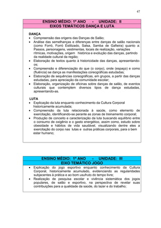 47


         ENSINO MÉDIO: 1º ANO - UNIDADE: II
            EIXOS TEMÁTICOS DANÇA E LUTA

DANÇA
• Compreensão das origens das Danças de Salão;
• Análise das semelhanças e diferenças entre danças de salão nacionais
  (como Forró, Forró Estilizado, Salsa, Samba de Gafieira) quanto a:
  Passos, personagens, vestimentas, locais de realização, variações
  rítmicas, motivações, origem histórica e evolução das danças, partindo
  da realidade cultural da região;
• Elaboração de textos quanto à historicidade das danças, apresentando-
  os;
• Compreensão e diferenciação do que (o corpo), onde (espaço) e como
  (fluência) se dança as manifestações coreográficas estudadas;
• Elaboração de sequências coreográficas, em grupos, a partir das danças
  estudadas, para apreciação da comunidade escolar;
• Elaboração, organização de oficinas sobre danças de salão, de eventos
  culturais que contemplem diversos tipos de dança estudadas,
  apresentando-as.

LUTA
• Explicação da luta enquanto conhecimento da Cultura Corporal
  historicamente acumulada;
• Compreensão da luta relacionada à saúde, como elemento de
  exercitação, identificando-se perante as zonas de treinamento corporal;
• Produção de conceito e caracterização da luta buscando equilíbrio entre
  o consumo de oxigênio e o gasto energético, assim como, estudo sobre
  obesidade e hábitos de vida saudável, visualizando dentre eles a
  exercitação do corpo nas lutas e outras práticas corporais, para o bem
  estar humano;




        ENSINO MÉDIO: 1º ANO  - UNIDADE: III
                EIXO TEMÁTICO JOGO
• Explicação do jogo esportivo enquanto conhecimento da Cultura
  Corporal, historicamente acumulado, evidenciando as regularidades
  subjacentes à prática e ao bom usufruto do tempo livre;
• Realização de pesquisa escolar e vivência sistemática dos jogos
  populares, de salão e esportivo, na perspectiva de revelar suas
  contribuições para a qualidade da saúde, do lazer e do trabalho;
 