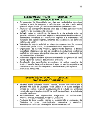 48




        ENSINO MÉDIO: 1º ANO  - UNIDADE: IV
               EIXO TEMÁTICO ESPORTE
• Compreensão da historicidade das diversas modalidades esportivas
  coletivas a partir de pesquisas e vivências corporais, elaborando textos
  quanto à origem e evolução dessas modalidades apresentando-os;
• Ampliação do conhecimento técnico-tático dos esportes, compreendendo
  –os através de recursos áudio- visuais;
• Reflexão sobre a importância da interação e da vivência entre os
  gêneros, masculino e feminino, na prática das aulas de Educação Física,
  identificando diferenças da constituição corporal e a interferência na
  realização das ações corporais, refletindo as possibilidades do conteúdo
  no tempo de Lazer;
• Vivências do esporte Voleibol em diferentes espaços (escola, campos
  comunitários, praia, praças), compreendendo suas regularidades;
• Organização do Esporte Voleibol, aprofundando técnicas e táticas
  especificas relacionando-as com as possibilidades individuais e coletivas
  e refletindo acerca dos elementos éticos que envolvem o julgamento de
  valores durante a arbitragem;
• Vivência do Esporte Voleibol, aprofundando sentido e significado de suas
  regras a partir da realidade daqueles que praticam;
• Socialização das experiências apreendidas, na prática esportiva do
  Voleibol, através da organização e arbitragem de eventos esportivos na
  comunidade valorizando-o enquanto possibilidade de prática para o
  usufruto do tempo livre.



         ENSINO MÉDIO: 2º ANO - UNIDADE: I
              EIXO TEMÁTICO GINÁSTICA
• Reflexão sobre conceitos, valores, hábitos, atitudes que constituem a
  ginástica nas aulas de Educação Física Escolar e em outros espaços e
  tempos da prática corporal, particularizando o estudo da Ginástica
  Localizada confrontando a resistência orgânica geral com a resistência
  muscular localizada;
• Reconhecimento das regularidades subjacentes as modalidades:
  Artística, Rítmica, Acrobática, Aeróbica, Localizada;
• Produção de texto escrito, visando à compreensão e explicação da
  Ginástica de forma contextualizada, reorganizar o conteúdo,
  apresentando uma nova síntese para a comunidade escolar.
 