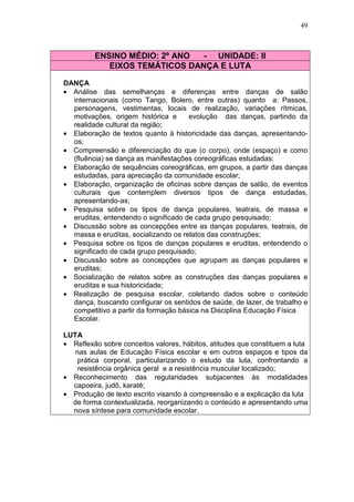49



         ENSINO MÉDIO: 2º ANO  - UNIDADE: II
            EIXOS TEMÁTICOS DANÇA E LUTA

DANÇA
• Análise das semelhanças e diferenças entre danças de salão
  internacionais (como Tango, Bolero, entre outras) quanto a: Passos,
  personagens, vestimentas, locais de realização, variações rítmicas,
  motivações, origem histórica e      evolução das danças, partindo da
  realidade cultural da região;
• Elaboração de textos quanto à historicidade das danças, apresentando-
  os;
• Compreensão e diferenciação do que (o corpo), onde (espaço) e como
  (fluência) se dança as manifestações coreográficas estudadas;
• Elaboração de sequências coreográficas, em grupos, a partir das danças
  estudadas, para apreciação da comunidade escolar;
• Elaboração, organização de oficinas sobre danças de salão, de eventos
  culturais que contemplem diversos tipos de dança estudadas,
  apresentando-as;
• Pesquisa sobre os tipos de dança populares, teatrais, de massa e
  eruditas, entendendo o significado de cada grupo pesquisado;
• Discussão sobre as concepções entre as danças populares, teatrais, de
  massa e eruditas, socializando os relatos das construções;
• Pesquisa sobre os tipos de danças populares e eruditas, entendendo o
  significado de cada grupo pesquisado;
• Discussão sobre as concepções que agrupam as danças populares e
  eruditas;
• Socialização de relatos sobre as construções das danças populares e
  eruditas e sua historicidade;
• Realização de pesquisa escolar, coletando dados sobre o conteúdo
  dança, buscando configurar os sentidos de saúde, de lazer, de trabalho e
  competitivo a partir da formação básica na Disciplina Educação Física
  Escolar.

LUTA
• Reflexão sobre conceitos valores, hábitos, atitudes que constituem a luta
   nas aulas de Educação Física escolar e em outros espaços e tipos da
    prática corporal, particularizando o estudo da luta, confrontando a
    resistência orgânica geral e a resistência muscular localizado;
• Reconhecimento das regularidades subjacentes às modalidades
  capoeira, judô, karatê;
• Produção de texto escrito visando à compreensão e a explicação da luta
  de forma contextualizada, reorganizando o conteúdo e apresentando uma
  nova síntese para comunidade escolar.
 