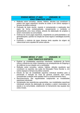 50




         ENSINO MÉDIO: 2º ANO  - UNIDADE: III
                 EIXO TEMÁTICO JOGO
• Reflexão sobre conceitos, valores, hábitos, atitudes que constituem a
  prática dos jogos esportivos durante as aulas e em outros espaços e
  tempos da prática corporal;
• Produção de texto escrito, visando à compreensão e explicação dos
  jogos de forma contextualizada, reorganizando o conteúdo e
  apresentando uma nova síntese, através da elaboração de projetos a
  serem vivenciados na comunidade;
• Vivência de novos jogos esportivos, respeitando as particularidades e as
  generalizações, quando na criação de novas regras e estratégias durante
  as aulas;
• Confronto e vivência de jogos diversos tanto aqueles da origem da
  cultura local como aqueles de outras culturas.




         ENSINO MÉDIO: 2º ANO  - UNIDADE: IV
                EIXO TEMÁTICO ESPORTE
•   Explicar as modalidades esportivas individuais, analisando de forma
    critica a influência da mídia/ marketing e as consequências do Dopping e
    da violência na sua relação com a sociedade;
•   Reflexão sobre conceitos, valores, hábitos, atitudes saudáveis que
    constituem os esportes nas aulas de Educação Física Escolar e, em
    outros espaços e tempos da prática corporal;
•   Estudo do tipo de modalidade esportiva individual benéfica para a
    prevenção e redução do nível de gordura corporal, bem como
    compreender a relação entre aptidão física e condicionamento físico;
•   Reconhecimento das regularidades subjacentes as modalidades
    esportivas individuais;
•   Socialização das experiências apreendidas, nas modalidades esportivas
    individuais através da elaboração de projetos a serem vivenciados na
    escola e na comunidade, colaborando no treinamento das equipes dos
    ciclos iniciais.
 