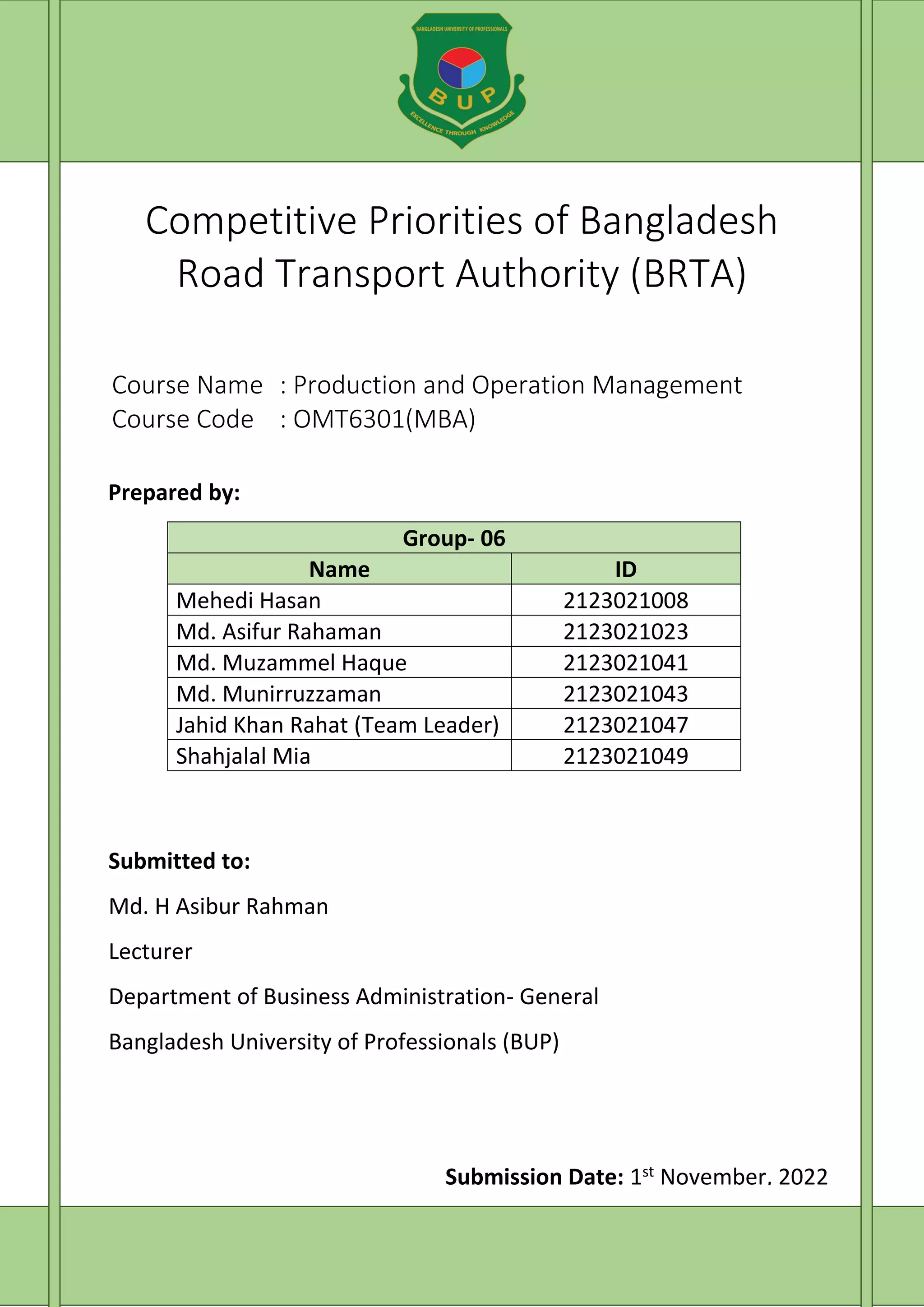 Competitive Priorities of Bangladesh Road Transport Authority (BRTA)