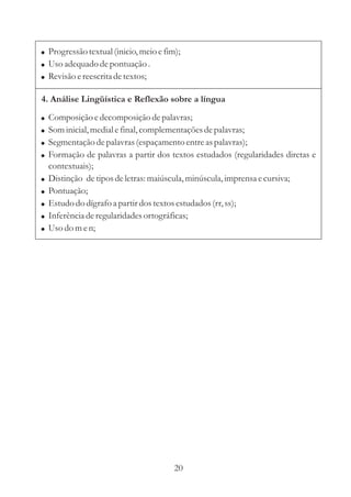 ! Progressão textual (inicio, meio e fim);
! Uso adequado de pontuação .
! Revisão e reescrita de textos;

4. Análise Lingüística e Reflexão sobre a língua
!   Composição e decomposição de palavras;
!   Som inicial, medial e final, complementações de palavras;
!   Segmentação de palavras (espaçamento entre as palavras);
!   Formação de palavras a partir dos textos estudados (regularidades diretas e
    contextuais);
!   Distinção de tipos de letras: maiúscula, minúscula, imprensa e cursiva;
!   Pontuação;
!   Estudo do dígrafo a partir dos textos estudados (rr, ss);
!   Inferência de regularidades ortográficas;
!   Uso do m e n;




                                        20
 