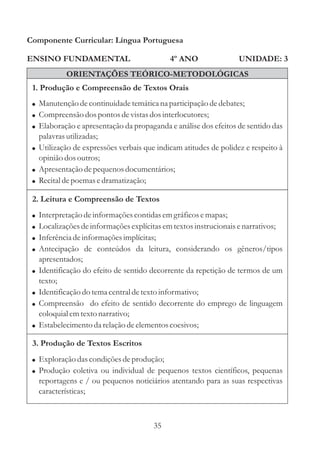 Componente Curricular: Língua Portuguesa

ENSINO FUNDAMENTAL                           4º ANO                UNIDADE: 3
             ORIENTAÇÕES TEÓRICO-METODOLÓGICAS
 1. Produção e Compreensão de Textos Orais
 ! Manutenção de continuidade temática na participação de debates;
 ! Compreensão dos pontos de vistas dos interlocutores;
 ! Elaboração e apresentação da propaganda e análise dos efeitos de sentido das
   palavras utilizadas;
 ! Utilização de expressões verbais que indicam atitudes de polidez e respeito à
   opinião dos outros;
 ! Apresentação de pequenos documentários;
 ! Recital de poemas e dramatização;

 2. Leitura e Compreensão de Textos
 !   Interpretação de informações contidas em gráficos e mapas;
 !   Localizações de informações explícitas em textos instrucionais e narrativos;
 !   Inferência de informações implícitas;
 !   Antecipação de conteúdos da leitura, considerando os gêneros/tipos
     apresentados;
 !   Identificação do efeito de sentido decorrente da repetição de termos de um
     texto;
 !   Identificação do tema central de texto informativo;
 !   Compreensão do efeito de sentido decorrente do emprego de linguagem
     coloquial em texto narrativo;
 !   Estabelecimento da relação de elementos coesivos;

 3. Produção de Textos Escritos
 ! Exploração das condições de produção;
 ! Produção coletiva ou individual de pequenos textos científicos, pequenas
     reportagens e / ou pequenos noticiários atentando para as suas respectivas
     características;



                                        35
 