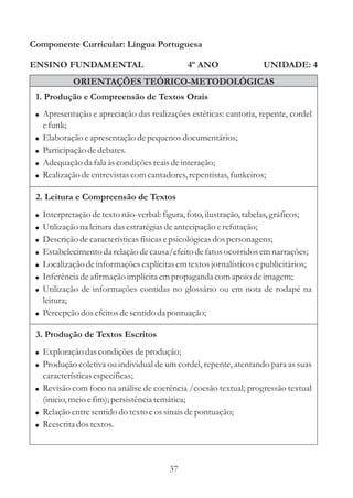 Componente Curricular: Língua Portuguesa

ENSINO FUNDAMENTAL                             4º ANO                UNIDADE: 4
             ORIENTAÇÕES TEÓRICO-METODOLÓGICAS
 1. Produção e Compreensão de Textos Orais
 ! Apresentação e apreciação das realizações estéticas: cantoria, repente, cordel
     e funk;
 !   Elaboração e apresentação de pequenos documentários;
 !   Participação de debates.
 !   Adequação da fala às condições reais de interação;
 !   Realização de entrevistas com cantadores, repentistas, funkeiros;

 2. Leitura e Compreensão de Textos
 ! Interpretação de texto não-verbal: figura, foto, ilustração, tabelas, gráficos;
 ! Utilização na leitura das estratégias de antecipação e refutação;
 ! Descrição de características físicas e psicológicas dos personagens;
 ! Estabelecimento da relação de causa/efeito de fatos ocorridos em narrações;
 ! Localização de informações explícitas em textos jornalísticos e publicitários;
 ! Inferência de afirmação implícita em propaganda com apoio de imagem;
 ! Utilização de informações contidas no glossário ou em nota de rodapé na
   leitura;
 ! Percepção dos efeitos de sentido da pontuação;

 3. Produção de Textos Escritos
 ! Exploração das condições de produção;
 ! Produção coletiva ou individual de um cordel, repente, atentando para as suas
   características especificas;
 ! Revisão com foco na análise de coerência /coesão textual; progressão textual
   (inicio, meio e fim); persistência temática;
 ! Relação entre sentido do texto e os sinais de pontuação;
 ! Reescrita dos textos.




                                         37
 