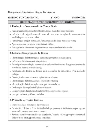 Componente Curricular: Língua Portuguesa

ENSINO FUNDAMENTAL                            5º ANO             UNIDADE: 1
              ORIENTAÇÕES TEÓRICO-METODOLÓGICAS
 1. Produção e Compreensão de Textos Orais
 ! Reconhecimento dos diferentes modos de falar de outras pessoas;
 ! Inferência de significados do tom de voz em situação de comunicação
   mediada para escuta de rádio;
 ! Participação em júri-simulado, fundamentando o seu ponto de vista;
 ! Apresentação e escuta de noticiário de rádio;
 ! Percepção de elementos lingüísticos de natureza discriminatória;

 2. Leitura e Compreensão de Textos
 ! Identificação de informações explícitas em textos jornalísticos;
 ! Inferência de informações implícitas;
 ! Antecipação em relação ao conteúdo pelo conhecimento dos gêneros textuais
     estudados (textos jornalísticos);
 ! Resolução de dúvida de leitura com o auxílio de dicionário e/ou nota de
     rodapé;
 !   Distinção das características e gêneros estudados;
 !   Identificação da finalidade dos textos abordados;
 !   Identificação da informação principal e secundaria;
 !   Ordenação de seqüência lógica dos textos;
 !   Compreensão da relação dos elementos coesivos nos textos;
 !   Interpretação de gráficos e tabelas;

 3. Produção de Textos Escritos
 ! Exploração das condições de produção;
 ! Produção coletiva e / ou individual de pequenos noticiários e reportagens
   atentando para as suas características;
 ! Revisão com foco na análise de coerência /coesão textual; progressão textual
   (inicio, meio e fim); persistência temática;


                                         39
 