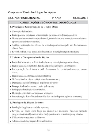 Componente Curricular: Língua Portuguesa

ENSINO FUNDAMENTAL                            5º ANO                 UNIDADE: 3
             ORIENTAÇÕES TEÓRICO-METODOLÓGICAS
 1. Produção e Compreensão de Textos Orais
 ! Narração de histórias .
 ! Participação e escuta em apresentação de pequenos documentários;
 ! Monitoramento do desempenho oral, considerando a intenção comunicativa
   e posição dos interlocutores;
 ! Análise e utilização dos efeitos de sentidos produzidos pelo uso de elementos
   não-verbais;
 ! Reconhecimento da utilização de distintas estratégias argumentativas;

 2. Leitura e Compreensão de Textos
 ! Reconhecimento da utilização de distintas estratégias argumentativas;
 ! Identificação dos sentidos de uma expressão em texto informativo;
 ! Interpretação do efeito de sentido decorrente da repetição de termos em um
     texto;
 !   Identificação do tema central dos textos;
 !   Ordenação da seqüência lógica dos fatos no texto;
 !   Depreensão de informações implícitas no texto;
 !   Percepção dos elementos coesivos do texto;
 !   Percepção da relação causa/efeito;
 !   Distinção entre fato/opinião em um texto;
 !   Interpretação dos efeitos de sentido dos sinais de pontuação de um texto;

 3. Produção de Textos Escritos
 ! Produção de gêneros cordel e repente;
 ! Revisão de texto com foco na análise de coerência /coesão textual;
   progressão textual (inicio, meio e fim); persistência temática; paragrafação;
 ! Utilização dos recursos estilísticos;
 ! Adequação da linguagem do interlocutor;


                                         43
 