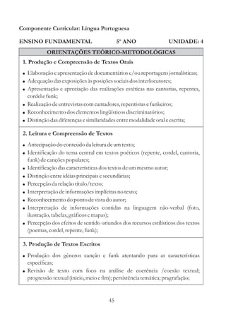 Componente Curricular: Língua Portuguesa

ENSINO FUNDAMENTAL                              5º ANO                 UNIDADE: 4
              ORIENTAÇÕES TEÓRICO-METODOLÓGICAS
 1. Produção e Compreensão de Textos Orais
 ! Elaboração e apresentação de documentários e/ou reportagens jornalísticas;
 ! Adequação das exposições às posições sociais dos interlocutores;
 ! Apresentação e apreciação das realizações estéticas nas cantorias, repentes,
   cordel e funk;
 ! Realização de entrevistas com cantadores, repentistas e funkeiros;
 ! Reconhecimento dos elementos lingüísticos discriminatórios;
 ! Distinção das diferenças e similaridades entre modalidade oral e escrita;

 2. Leitura e Compreensão de Textos
 ! Antecipação do conteúdo da leitura de um texto;
 ! Identificação do tema central em textos poéticos (repente, cordel, cantoria,
     funk) de canções populares;
 !   Identificação das características dos textos de um mesmo autor;
 !   Distinção entre idéias principais e secundárias;
 !   Percepção da relação título/texto;
 !   Interpretação de informações implícitas no texto;
 !   Reconhecimento do ponto de vista do autor;
 !   Interpretação de informações contidas na linguagem não-verbal (foto,
     ilustração, tabelas, gráficos e mapas);
 !   Percepção dos efeitos de sentido oriundos dos recursos estilísticos dos textos
     (poemas, cordel, repente, funk);

 3. Produção de Textos Escritos
 ! Produção dos gêneros canção e funk atentando para as características
     específicas;
 ! Revisão de texto com foco na análise de coerência /coesão textual;
     progressão textual (inicio, meio e fim); persistência temática; pragrafação;


                                           45
 