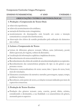 Componente Curricular: Língua Portuguesa

ENSINO FUNDAMENTAL                            6º ANO                 UNIDADE: 1
             ORIENTAÇÕES TEÓRICO-METODOLÓGICAS
 1. Produção e Compreensão de Textos Orais
 ! relatos de experiências;
 ! relatos de acontecimentos do cotidiano;
 ! narração de histórias reais e imaginárias;
 ! monitoramento do desempenho oral, levando em conta a intenção
   comunicativa e a reação dos interlocutores;
 ! observação dos efeitos de sentido produzidos pela utilização de elementos
   não-verbais.

 2. Leitura e Compreensão de Textos
 ! Leitura de diferentes gêneros textuais: bilhete, carta (informais), postal,
     diários (pessoais, de viagem), verbete de dicionário;
 !   Localização de informações explícitas e implícitas do texto;
 !   Reconhecimento do tema central do texto;
 !   Reconhecimento dos efeitos de sentido de uma determinada palavra ou expressão;
 !   Reconhecimento das características próprias do tipo ou do gênero a que
     pertence o texto.
 !   Elementos contextualizadores do texto: autor; data / época do texto, local,
     meio de veiculação;
 !   Elementos constituintes da narrativa: narrador, personagem, espaço, tempo,
     problema/solução;
 !   Reconhecer, entre partes de textos, as relações textuais indicadas por meio de
     expressões conectoras.

 3. Produção de Textos Escritos
 ! Produção dos gêneros textuais: carta, convite, postal, diário, crônica,
     considerando o destinatário, a sua finalidade e as características do gênero,
     atentando para os aspectos:



                                         47
 