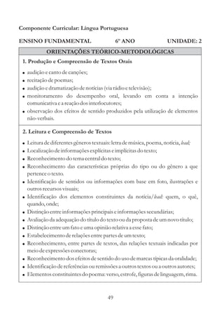 Componente Curricular: Língua Portuguesa

ENSINO FUNDAMENTAL                            6º ANO                UNIDADE: 2
             ORIENTAÇÕES TEÓRICO-METODOLÓGICAS
 1. Produção e Compreensão de Textos Orais
 ! audição e canto de canções;
 ! recitação de poemas;
 ! audição e dramatização de notícias (via rádio e televisão);
 ! monitoramento do desempenho oral, levando em conta a intenção
   comunicativa e a reação dos interlocutores;
 ! observação dos efeitos de sentido produzidos pela utilização de elementos
   não-verbais.

 2. Leitura e Compreensão de Textos
 !   Leitura de diferentes gêneros textuais: letra de música, poema, notícia, lead;
 !   Localização de informações explícitas e implícitas do texto;
 !   Reconhecimento do tema central do texto;
 !   Reconhecimento das características próprias do tipo ou do gênero a que
     pertence o texto.
 !   Identificação de sentidos ou informações com base em foto, ilustrações e
     outros recursos visuais;
 !   Identificação dos elementos constituintes da notícia/lead: quem, o quê,
     quando, onde;
 !   Distinção entre informações principais e informações secundárias;
 !   Avaliação da adequação do título do texto ou da proposta de um novo título;
 !   Distinção entre um fato e uma opinião relativa a esse fato;
 !   Estabelecimento de relações entre partes de um texto;
 !   Reconhecimento, entre partes de textos, das relações textuais indicadas por
     meio de expressões conectoras;
 !   Reconhecimento dos efeitos de sentido do uso de marcas típicas da oralidade;
 !   Identificação de referências ou remissões a outros textos ou a outros autores;
 !   Elementos constituintes do poema: verso, estrofe, figuras de linguagem, rima.



                                         49
 