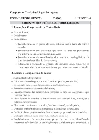 Componente Curricular: Língua Portuguesa

ENSINO FUNDAMENTAL                           6º ANO                 UNIDADE: 4
           ORIENTAÇÕES TEÓRICO-METODOLÓGICAS
 1. Produção e Compreensão de Textos Orais
 ! Exposição oral;
 ! Depoimento;
 ! Comentários;

     > Reconhecimento do ponto de vista, sobre o qual o tema do texto é
       tratado;
     > Reconhecimento dos elementos que estão na base do preconceito
       lingüístico e de sua natureza discriminatória;
     > Reconhecimento da contribuição dos aspectos paralingüísticos da
       construção de sentidos do discurso oral;
     > Adequação à variedade de gêneros de discursos orais, conforme os
       contextos sociais de uso em que se insere, para ajustar-se a essa variedade.

 2. Leitura e Compreensão de Textos
 Estudo de textos dos gêneros:
 ! Leitura de textos dos gêneros: letra de música, poema, notícia, lead;
 ! Localização de informações explícitas e implícitas do texto;
 ! Reconhecimento do tema central do texto;
 ! Reconhecimento das características próprias do tipo ou do gênero a que
   pertence o texto.
 ! Identificação de sentidos ou informações com base em foto, ilustrações e
   outros recursos visuais;
 ! Elementos constituintes da notícia/lead: quem, o quê, quando, onde;
 ! Distinção entre informações principais e informações secundárias;
 ! Avaliação da adequação do título do texto ou da proposta de um novo título;
 ! Distinção entre um fato e uma opinião relativa a esse fato;
 ! Estabelecimento de relações entre partes de um texto, identificando
   repetições, substituições ou associações que contribuem para sua coesão e


                                        54
 