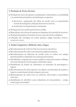3. Produção de Textos Escritos
! Produção de textos dos gêneros considerando o destinatário, a sua finalidade
    e as características do gênero, atentando para os aspectos:
      > discursivos: organização das idéias de acordo com as características
        textuais de cada gênero, utilização de recursos coesivos;
      > notacionais: uso de pontuação e acentuação.
!   Produção de texto verbal a partir de tira ou HQ;
!   Reprodução, sob a forma de esquema ou diagrama, do conteúdo de um texto;
!   Produção de paráfrase de trechos de texto expositivo de livro didático;
!   Utilização das estratégias de escrita: planejar, redigir rascunho, revisar e
    reescrever o texto.

4. Análise Lingüística e Reflexão sobre a língua

! Reconhecimento do verbo na 3ª pessoa em textos expositivos;
! Reconhecimento do verbo como marca da seqüência narrativa;
! Reconhecimento da diferença de sentido entre os verbos nos tempos
    pretérito perfeito e imperfeito na construção da narrativa;
!   Identificação e emprego dos recursos gráficos usados para marcar o diálogo:
    travessão, dois pontos, interrogação, exclamação, aspas;
!   Identificação da função do substantivo na nomeação de personagens e
    lugares.
!   Reconhecimento do valor expressivo do adjetivo em descrições de cenários e
    lugares e caracterizações de personagens e pessoas;
!   Relacionamento do verbo com seu referente, observando a concordância
    entre eles;
!   Identificação de advérbios como indicadores de circunstâncias – tempo,
    modo, lugar, intensidade;




                                         58
 