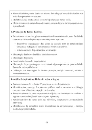 ! Reconhecimento, entre partes de textos, das relações textuais indicadas por
  meio de expressões conectoras;
! Identificação da finalidade ou o objetivo pretendido para o texto.
! Elementos constituintes do cordel: verso, estrofe, figuras de linguagem, rima,
  musicalidade;

3. Produção de Textos Escritos
! Produção de textos dos gêneros considerando o destinatário, a sua finalidade
    e as características do gênero, atentando para os aspectos:
      > discursivos: organização das idéias de acordo com as características
        textuais de cada gênero e utilização de recursos coesivos;
      > notacionais: uso de pontuação e acentuação.

! Elaboração de síntese das idéias centrais do texto;
! Elaboração de cordel;
! Continuação de cordel fragmentado;
! Elaboração de perguntas para entrevista de alguma pessoa ou personalidade
  da escola, bairro, cidade etc.
! Utilização das estratégias de escrita: planejar, redigir rascunho, revisar e
  reescrever o texto.

4. Análise Lingüística e Reflexão sobre a língua

! Reconhecimento do verbo na 3ª pessoa em textos dissertativos;
! Identificação e emprego dos recursos gráficos usados para marcar o diálogo
    em entrevista: hífen, interrogação, exclamação;
! Reconhecimento do valor expressivo do adjetivo em descrições de cenários e
    lugares e caracterizações de personagens e pessoas;
! Relacionamento do verbo com seu referente, observando a concordância
    entre eles;
! Identificação de advérbios como indicadores de circunstâncias – tempo,
    modo, lugar, intensidade;




                                         68
 