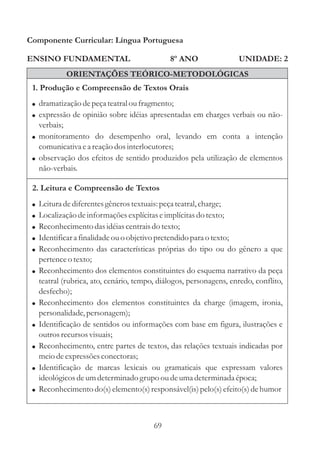 Componente Curricular: Língua Portuguesa

ENSINO FUNDAMENTAL                             8º ANO                UNIDADE: 2
             ORIENTAÇÕES TEÓRICO-METODOLÓGICAS
 1. Produção e Compreensão de Textos Orais
 ! dramatização de peça teatral ou fragmento;
 ! expressão de opinião sobre idéias apresentadas em charges verbais ou não-
   verbais;
 ! monitoramento do desempenho oral, levando em conta a intenção
   comunicativa e a reação dos interlocutores;
 ! observação dos efeitos de sentido produzidos pela utilização de elementos
   não-verbais.

 2. Leitura e Compreensão de Textos
 !   Leitura de diferentes gêneros textuais: peça teatral, charge;
 !   Localização de informações explícitas e implícitas do texto;
 !   Reconhecimento das idéias centrais do texto;
 !   Identificar a finalidade ou o objetivo pretendido para o texto;
 !   Reconhecimento das características próprias do tipo ou do gênero a que
     pertence o texto;
 !   Reconhecimento dos elementos constituintes do esquema narrativo da peça
     teatral (rubrica, ato, cenário, tempo, diálogos, personagens, enredo, conflito,
     desfecho);
 !   Reconhecimento dos elementos constituintes da charge (imagem, ironia,
     personalidade, personagem);
 !   Identificação de sentidos ou informações com base em figura, ilustrações e
     outros recursos visuais;
 !   Reconhecimento, entre partes de textos, das relações textuais indicadas por
     meio de expressões conectoras;
 !   Identificação de marcas lexicais ou gramaticais que expressam valores
     ideológicos de um determinado grupo ou de uma determinada época;
 !   Reconhecimento do(s) elemento(s) responsável(is) pelo(s) efeito(s) de humor



                                          69
 