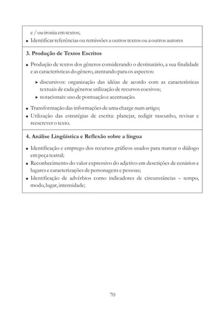 e / ou ironia em textos;
! Identificar referências ou remissões a outros textos ou a outros autores

3. Produção de Textos Escritos
! Produção de textos dos gêneros considerando o destinatário, a sua finalidade
  e as características do gênero, atentando para os aspectos:
    > discursivos: organização das idéias de acordo com as características
      textuais de cada gêneroe utilização de recursos coesivos;
    > notacionais: uso de pontuação e acentuação.

! Transformação das informações de uma charge num artigo;
! Utilização das estratégias de escrita: planejar, redigir rascunho, revisar e
  reescrever o texto.

4. Análise Lingüística e Reflexão sobre a língua

! Identificação e emprego dos recursos gráficos usados para marcar o diálogo
  em peça teatral;
! Reconhecimento do valor expressivo do adjetivo em descrições de cenários e
  lugares e caracterizações de personagens e pessoas;
! Identificação de advérbios como indicadores de circunstâncias – tempo,
  modo, lugar, intensidade;




                                       70
 