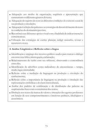 ! Adequação aos modos de organização, seqüência e apresentação que
    caracterizam os diferentes gêneros de texto;
! Adequação do registro do texto às diferentes condições do contexto social de
    sua produção e circulação;
! Adequação à seleção das palavras e as estratégias de desenvolvimento do texto
  às condições do destinatário previsto;
! Recorrência aos diferentes apoios visual com a finalidade de indicar intenções
  comunicativas;
! Utilização das estratégias de escrita: planejar, redigir rascunho, revisar e
  reescrever o texto.

4. Análise Lingüística e Reflexão sobre a língua

! Identificação e emprego dos recursos gráficos usados para marcar o diálogo
    em entrevista: hífen, interrogação, exclamação;
! Relacionamento do verbo com seu referente, observando a concordância
    entre eles;
!   Identificação de advérbios como indicadores de circunstâncias – tempo,
    modo, lugar, intensidade;
!   Reflexão sobre a mediação da linguagem na produção e circulação do
    conhecimento;
!   Reflexão sobre a importância da linguagem na produção e circulação das
    representações simbólicas e dos bens interculturais;
!   Análise dos padrões de combinação e de distribuição das palavras na
    seqüência das frases com o constituinte dos textos;
!   Distinção nos textos de marcas de valores e intenções dos agentes produtores
    em função de seus comprometimentos e interesses políticos, ideológicos e
    econômicos.




                                        73
 
