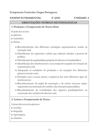 Componente Curricular: Língua Portuguesa

ENSINO FUNDAMENTAL                            8º ANO                UNIDADE: 4
             ORIENTAÇÕES TEÓRICO-METODOLÓGICAS
 1. Produção e Compreensão de Textos Orais
 Estudo dos textos:
 ! palestra;
 ! seminário;
 ! debate.

     > Reconhecimento das diferentes estratégias argumentativas usadas na
         interação oral;
     >   Identificação de expressões verbais que indicam atitudes e postura de
         polidez;
     >   Identificação de regularidades próprias do discurso formal público;
     >   Identificação dos interlocutores e seus respectivos papéis em situação de
         comunicação oral;
     >   Adequação às condições de produção e de recepção dos diferentes
         gêneros textuais orais;
     >   Interação com a escuta atenta e respeitosa dos mais diferentes tipos de
         interlocutores
     >   Reconhecimento do papel da entonação e de outros recursos supra-
         segmentais na construção do sentido e das intenções pretendidos;
     >   Reconhecimento da contribuição dos aspectos paralingüísticos na
         construção dos sentidos do discurso oral.

 2. Leitura e Compreensão de Textos
 Leitura de textos dos gêneros:
 ! resenha;
 ! biografia;
 ! reportagem;
 ! relatório.




                                         74
 