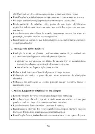 ideológicos de um determinado grupo ou de uma determinada época;
! Identificação de referências ou remissões a outros textos ou a outros autores;
! Distinção entre informações principais e informações secundárias;
! Estabelecimento de relações entre partes de um texto, identificando
  repetições, substituições ou associações que contribuem para sua coesão e
  coerência;
! Reconhecimento dos efeitos de sentido decorrentes do uso dos sinais de
  pontuação, notações e outros recursos gráficos;
! Identificação de elementos que indiquem a posição do autor frente ao assunto
  ou autores referidos

3. Produção de Textos Escritos
! Produção de textos dos gêneros considerando o destinatário, a sua finalidade
  e as características do gênero, atentando para os aspectos:
    > discursivos: organização das idéias de acordo com as características
      textuais de cada gêneroe utilização de recursos coesivos;
    > notacionais: uso de pontuação e acentuação.

! Elaboração de início, conflito e final para conto fragmentado;
! Elaboração de notícia a partir de um texto jornalístico de divulgação
  científica;
! Utilização das estratégias de escrita: planejar, redigir rascunho, revisar e
  reescrever o texto.

4. Análise Lingüística e Reflexão sobre a língua

! Reconhecimento do verbo como marca da seqüência narrativa;
! Reconhecimento da diferença de sentido entre os verbos nos tempos
  pretérito perfeito e imperfeito na construção da narrativa;
! Reconhecimento de narração em 1ª pessoa e 3ª pessoa;
! Identificação e emprego dos recursos gráficos usados para marcar o diálogo:
  travessão, dois pontos, interrogação, exclamação, aspas;
! Identificação da função do substantivo na nomeação de personagens e lugares.



                                       78
 