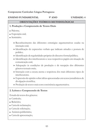 Componente Curricular: Língua Portuguesa

ENSINO FUNDAMENTAL                            9º ANO                UNIDADE: 4
             ORIENTAÇÕES TEÓRICO-METODOLÓGICAS
 1. Produção e Compreensão de Textos Orais
 ! Palestra;
 ! Exposição oral;
 ! Seminário.

     > Reconhecimento das diferentes estratégias argumentativas usadas na
         interação oral;
     >   Identificação de expressões verbais que indicam atitudes e postura de
         polidez;
     >   Identificação de regularidades próprias do discurso formal público;
     >   Identificação dos interlocutores e seus respectivos papéis em situação de
         comunicação oral;
     >   Adequação às condições de produção e de recepção dos diferentes
         gêneros textuais orais;
     >   Interação com a escuta atenta e respeitosa dos mais diferentes tipos de
         interlocutores.
     >   Expressão de opinião sobre idéias apresentadas em textos jornalísticos de
         divulgação científica;
     >   Produção de textos orais com consistência argumentativa.

 2. Leitura e Compreensão de Textos
 Estudo de textos dos gêneros:
 ! Currículo;
 ! Relatório;
 ! Carta de reclamação;
 ! Carta de solicitação;
 ! Anúncio publicitário;
 ! Carta de apresentação;



                                         85
 