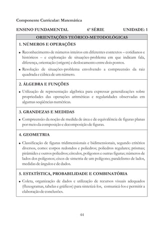 Componente Curricular: Matemática

ENSINO FUNDAMENTAL                           6ª SÉRIE               UNIDADE: 1
           ORIENTAÇÕES TEÓRICO-METODOLÓGICAS
 1. NÚMEROS E OPERAÇÕES
 ! Reconhecimento de números inteiros em diferentes contextos – cotidianos e
   históricos – e exploração de situações-problema em que indicam fala,
   diferença, orientação (origem) e deslocamento entre dois pontos.
 ! Resolução de situações-problema envolvendo a compreensão da raiz
   quadrada e cúbica de um número.

 2. ÁLGEBRA E FUNÇÕES
 ! Utilização de representação algébrica para expressar generalizações sobre
   propriedades das operações aritméticas e regularidades observadas em
   algumas seqüências numéricas.

 3. GRANDEZAS E MEDIDAS
 ! Compreensão da noção de medida de área e de equivalência de figuras planas
   por meio da composição e decomposição de figuras.

 4. GEOMETRIA
 ! Classificação de figuras tridimensionais e bidimensionais, segundo critérios
   diversos, como: corpos redondos e poliedros; poliedros regulares; prismas;
   pirâmides e outros poliedros; círculos, polígonos e outras figuras; números de
   lados dos polígonos; eixos de simetria de um polígono; paralelismo de lados,
   medidas de ângulos e de dados.

 5. ESTATÍSTICA, PROBABILIDADE E COMBINATÓRIA
 ! Coleta, organização de dados e utilização de recursos visuais adequados
   (fluxogramas, tabelas e gráficos) para sintetizá-los, comunicá-los e permitir a
   elaboração de conclusões.




                                        44
 