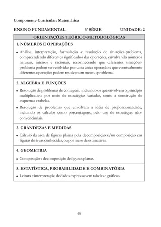 Componente Curricular: Matemática

ENSINO FUNDAMENTAL                           6ª SÉRIE              UNIDADE: 2
            ORIENTAÇÕES TEÓRICO-METODOLÓGICAS
 1. NÚMEROS E OPERAÇÕES
 ! Análise, interpretação, formulação e resolução de situações-problema,
   compreendendo diferentes significados das operações, envolvendo números
   naturais, inteiros e racionais, reconhecendo que diferentes situações-
   problema podem ser resolvidas por uma única operação e que eventualmente
   diferentes operações podem resolver um mesmo problema.

 2. ÁLGEBRA E FUNÇÕES
 ! Resolução de problemas de contagem, incluindo os que envolvem o princípio
   multiplicativo, por meio de estratégias variadas, como a construção de
   esquemas e tabelas.
 ! Resolução de problemas que envolvam a idéia de proporcionalidade,
   incluindo os cálculos como porcentagens, pelo uso de estratégias não-
   convencionais.

 3. GRANDEZAS E MEDIDAS
 ! Cálculo da área de figuras planas pela decomposição e/ou composição em
   figuras de áreas conhecidas, ou por meio de estimativas.

 4. GEOMETRIA
 ! Composição e decomposição de figuras planas.

 5. ESTATÍSTICA, PROBABILIDADE E COMBINATÓRIA
 ! Leitura e interpretação de dados expressos em tabelas e gráficos.




                                        45
 