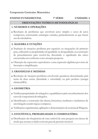 Componente Curricular: Matemática

ENSINO FUNDAMENTAL                            7ª SÉRIE             UNIDADE: 4
            ORIENTAÇÕES TEÓRICO-METODOLÓGICAS
 1. NÚMEROS E OPERAÇÕES
 ! Resolução de problemas que envolvem juros simples e casos de juros
   compostos, construindo estratégias variadas, particularmente as que fazem
   uso de calculadora.

 2. ÁLGEBRA E FUNÇÕES
 ! Tradução de situações problema por equações ou inequações do primeiro
   grau, utilizando as propriedades da igualdade ou desigualdade, na construção
   de procedimentos para resolvê-las, discutindo o significado das raízes
   encontradas em confronto com a situação proposta.
 ! Obtenção de expressões equivalentes a uma expressão algébrica por meio de
   fatoração e simplificação.

 3. GRANDEZAS E MEDIDAS
 ! Resolução de situações-problema envolvendo grandezas determinadas pela
   razão de duas outras (densidade e velocidade) ou pelo produto (energia
   elétrica:kWh).

 4. GEOMETRIA
 ! Verificar propriedades de triângulos e quadriláteros pelo reconhecimento dos
   casos de congruência de triângulos.
 ! Identificação e construção das alturas, bissetrizes, medianas e mediatrizes de
   um triângulo usando régua e compasso.
 ! Verificações experimentais, aplicações e demonstrações do teorema de Pitágoras.

 5. ESTATÍSTICA, PROBABILIDADE E COMBINATÓRIA
 ! Distribuição das freqüências de uma variável de uma pesquisa em classes de
   modo que resuma os dados com um grau de precisão razoável.


                                         54
 