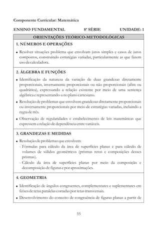 Componente Curricular: Matemática

ENSINO FUNDAMENTAL                            8ª SÉRIE         UNIDADE: 1
           ORIENTAÇÕES TEÓRICO-METODOLÓGICAS
 1. NÚMEROS E OPERAÇÕES
 ! Resolver situações problema que envolvam juros simples e casos de juros
  compostos, construindo estratégias variadas, particularmente as que fazem
  uso da calculadora.

 2. ÁLGEBRA E FUNÇÕES
 ! Identificação da natureza da variação de duas grandezas diretamente
  proporcionais, inversamente proporcionais ou não proporcionais (afim ou
  quadrática), expressando a relação existente por meio de uma sentença
  algébrica e representando-a no plano cartesiano.
 ! Resolução de problemas que envolvem grandezas diretamente proporcionais
  ou inversamente proporcionais por meio de estratégias variadas, incluindo a
  regra de três.
 ! Observação de regularidades e estabelecimento de leis matemáticas que
  expressem a relação de dependência entre variáveis.

 3. GRANDEZAS E MEDIDAS
 ! Resolução de problemas que envolvem:
  - Fórmulas para cálculo da área de superfícies planas e para cálculo de
    volumes de sólidos geométricos (prismas retos e composições desses
    prismas).
  - Cálculo da área de superfícies planas por meio da composição e
    decomposição de figuras e por aproximações.

 4. GEOMETRIA
 ! Identificação de ângulos congruentes, complementares e suplementares em
  feixes de retas paralelas cortadas por retas transversais.
 ! Desenvolvimento do conceito de congruência de figuras planas a partir de



                                         55
 