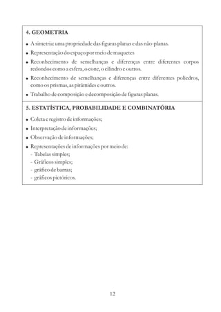 4. GEOMETRIA
! A simetria: uma propriedade das figuras planas e das não-planas.
! Representação do espaço por meio de maquetes
! Reconhecimento de semelhanças e diferenças entre diferentes corpos
  redondos como a esfera, o cone, o cilindro e outros.
! Reconhecimento de semelhanças e diferenças entre diferentes poliedros,
  como os prismas, as pirâmides e outros.
! Trabalho de composição e decomposição de figuras planas.

5. ESTATÍSTICA, PROBABILIDADE E COMBINATÓRIA
! Coleta e registro de informações;
! Interpretação de informações;
! Observação de informações;
! Representações de informações por meio de:
  -   Tabelas simples;
  -   Gráficos simples;
  -   gráfico de barras;
  -   gráficos pictóricos.




                                       12
 