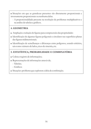 ! Situações em que as grandezas presentes são diretamente proporcionais e
inversamente proporcionais ou nenhuma delas.
  - A proporcionalidade presente na resolução de problemas multiplicativos e
    na análise de tabelas e gráficos.

4. GEOMETRIA
! Ampliação e redução de figuras para compreensão das propriedades
! Identificação de algumas figuras poligonais e circulares nas superfícies planas
  das figuras tridimensionais.
! Identificação de semelhanças e diferenças entre polígonos, usando critérios,
  tais como: número de lados, eixos de simetria, etc.

5. ESTATÍSTICA, PROBABILIDADE E COMBINATÓRIA
! Coleta e registro de informações;
! Representações de informações através de;
  - Tabelas;
  - Gráficos
! Situações-problema que explorem a idéia de combinação.




                                       16
 
