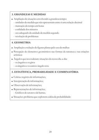 3. GRANDEZAS E MEDIDAS
! Ampliação de situações envolvendo a grandeza tempo:
  -   unidades de medida que não apresentam entre si uma relação decimal
  -   marcação do tempo em horas
  -   a utilidade dos minutos
  -   uso adequado da unidade de medida segundo
  -   resolução de problemas

4. GEOMETRIA
! Ampliação e redução de figuras planas pelo uso de malhas
! Percepção de elementos geométricos nas formas da natureza e nas criações
  artísticas
! Ângulos que nos rodeiam: situações do nosso dia-a-dia:
  - os ângulos e os giros
  - os ângulos e os cantos: ângulo reto.

5. ESTATÍSTICA, PROBABILIDADE E COMBINATÓRIA
! Coleta e registro de informações;
! Interpretação de informações;
! Observação de informações;
! Representações de informações;
  - Gráficos de setores e de barras;
! Situações-problema que explorem a idéia de probabilidade:




                                           20
 