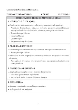 Componente Curricular: Matemática

ENSINO FUNDAMENTAL                         4ª SÉRIE             UNIDADE: 1
           ORIENTAÇÕES TEÓRICO-METODOLÓGICAS
 1. NÚMEROS E OPERAÇÕES
 ! Continuação e aprofundamento sobre sistema de numeração decimal:
  - Ampliação de atividades e situações-problema que explorem as idéias das
    operações fundamentais de adição, subtração, multiplicação e divisão.
  - Resolução de problemas
  - Ordens e Classes;
  - Quantificação;
  - Arredondamento de número;

 2. ÁLGEBRA E FUNÇÕES
 ! Determinação do elemento desconhecido em uma igualdade matemática:
  - Resolução de problemas;
 ! Introdução da idéia de proporcionalidade por meio de situações do cotidiano
  do aluno;
  - Resolução de problemas simples envolvendo a proporcionalidade inversa
    entre grandezas.

 3. GRANDEZAS E MEDIDAS
 ! Ampliação de situações sobre o conceito de perímetro
  - atividades que explorem o perímetro
  - resolução de problemas envolvendo perímetro

 4. GEOMETRIA
 ! Algumas experiências com polígonos regulares
 ! As diagonais de um polígono




                                      31
 