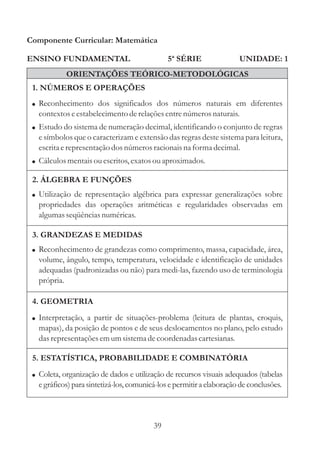 Componente Curricular: Matemática

ENSINO FUNDAMENTAL                             5ª SÉRIE                UNIDADE: 1
            ORIENTAÇÕES TEÓRICO-METODOLÓGICAS
 1. NÚMEROS E OPERAÇÕES
 ! Reconhecimento dos significados dos números naturais em diferentes
   contextos e estabelecimento de relações entre números naturais.
 ! Estudo do sistema de numeração decimal, identificando o conjunto de regras
   e símbolos que o caracterizam e extensão das regras deste sistema para leitura,
   escrita e representação dos números racionais na forma decimal.
 ! Cálculos mentais ou escritos, exatos ou aproximados.

 2. ÁLGEBRA E FUNÇÕES
 ! Utilização de representação algébrica para expressar generalizações sobre
   propriedades das operações aritméticas e regularidades observadas em
   algumas seqüências numéricas.

 3. GRANDEZAS E MEDIDAS
 ! Reconhecimento de grandezas como comprimento, massa, capacidade, área,
   volume, ângulo, tempo, temperatura, velocidade e identificação de unidades
   adequadas (padronizadas ou não) para medi-las, fazendo uso de terminologia
   própria.

 4. GEOMETRIA
 ! Interpretação, a partir de situações-problema (leitura de plantas, croquis,
   mapas), da posição de pontos e de seus deslocamentos no plano, pelo estudo
   das representações em um sistema de coordenadas cartesianas.

 5. ESTATÍSTICA, PROBABILIDADE E COMBINATÓRIA
 ! Coleta, organização de dados e utilização de recursos visuais adequados (tabelas
   e gráficos) para sintetizá-los, comunicá-los e permitir a elaboração de conclusões.



                                          39
 