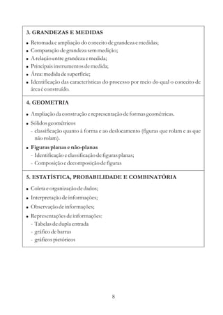 3. GRANDEZAS E MEDIDAS
!   Retomada e ampliação do conceito de grandeza e medidas;
!   Comparação de grandeza sem medição;
!   A relação entre grandeza e medida;
!   Principais instrumentos de medida;
!   Área: medida de superfície;
!   Identificação das características do processo por meio do qual o conceito de
    área é construído.

4. GEOMETRIA
! Ampliação da construção e representação de formas geométricas.
! Sólidos geométricos
    - classificação quanto à forma e ao deslocamento (figuras que rolam e as que
      não rolam).
! Figuras planas e não-planas
    - Identificação e classificação de figuras planas;
    - Composição e decomposição de figuras

5. ESTATÍSTICA, PROBABILIDADE E COMBINATÓRIA
! Coleta e organização de dados;
! Interpretação de informações;
! Observação de informações;
! Representações de informações:
    - Tabelas de dupla entrada
    - gráfico de barras
    - gráficos pictóricos




                                           8
 