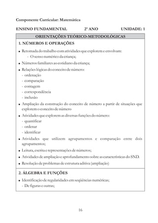 Componente Curricular: Matemática

ENSINO FUNDAMENTAL                            2º ANO            UNIDADE: 1
             ORIENTAÇÕES TEÓRICO-METODOLÓGICAS
 1. NÚMEROS E OPERAÇÕES
 ! Retomada do trabalho com atividades que explorem e envolvam:
        - O senso numérico da criança;
 ! Números familiares ao cotidiano da criança;
 ! Relações lógicas do conceito de número:
   -   ordenação
   -   comparação
   -   contagem
   -   correspondência
   -   inclusão
 ! Ampliação da construção do conceito de número a partir de situações que
   explorem o conceito de número
 ! Atividades que explorem as diversas funções do número:
   - quantificar
   - ordenar
   - identificar
 ! Atividades que utilizem agrupamentos e comparação entre dois
   agrupamentos;
 ! Leitura, escrita e representações de números;
 ! Atividades de ampliação e aprofundamento sobre as características do SND.
 ! Resolução de problemas de estrutura aditiva (ampliação)

 2. ÁLGEBRA E FUNÇÕES
 ! Identificação de regularidades em seqüências numéricas;
   - De figuras e outras;




                                         16
 