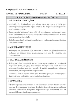 Componente Curricular: Matemática

ENSINO FUNDAMENTAL                           6º ANO               UNIDADE: 4
           ORIENTAÇÕES TEÓRICO-METODOLÓGICAS
 1. NÚMEROS E OPERAÇÕES
 ! Atribuição de significados à potência de expoente nulo e negativo pela
   observação de regularidades e pela extensão das propriedades das potencias
   com expoente positivo.
 ! Compreensão da raiz quadrada e cúbica de um número, a partir de problemas
   como a determinação do lado de um quadrado de área conhecida ou da aresta
   de um cubo de volume dado.
 ! Cálculos aproximados de raízes quadradas por meio de estimativas e fazendo
   uso de calculadoras.

 2. ÁLGEBRA E FUNÇÕES
 ! Resolução de problemas que envolvam a idéia de proporcionalidade,
   incluindo os cálculos como porcentagens, pelo uso de estratégias não
   convencionais.

 3. GRANDEZAS E MEDIDAS
 ! Utilização de instrumentos de medida, como régua, escalímetro, transferidor,
   esquadros, trena, relógios, cronômetros, balanças para fazer medições,
   selecionando os instrumentos e unidades de medida adequados à precisão que
   se requerem, em função da situação problema.
 ! Cálculo da área de figuras planas pela decomposição e/ou composição de
   figuras de áreas conhecidas, ou por meio de estimativas.

 4. GEOMETRIA
 ! Quantificação e estabelecimento de relações entre o número de vértices, faces
   e arestas de prismas e de pirâmides, da relação desse número com o polígono
   da base e identificação de algumas propriedades, que caracterizam cada um
   desses sólidos, em função desses números.


                                        51
 