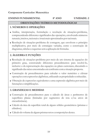 Componente Curricular: Matemática

ENSINO FUNDAMENTAL                          8º ANO               UNIDADE: 2
            ORIENTAÇÕES TEÓRICO-METODOLÓGICAS
 1. NÚMEROS E OPERAÇÕES
 ! Análise, interpretação, formulação e resolução de situações-problema,
   compreendendo diferentes significados das operações, envolvendo números
   naturais, inteiros, racionais e irracionais aproximados por racionais.
 ! Resolução de situações-problema de contagem, que envolvem o princípio
   multiplicativo, por meio de estratégias variadas, como a construção de
   diagramas, tabelas e esquemas sem a aplicação de fórmulas.

 2. ÁLGEBRA E FUNÇÕES
 ! Resolução de situações-problema por meio de um sistema de equações do
   primeiro grau, construindo diferentes procedimentos para resolvê-lo,
   inclusive o da representação das equações no plano cartesiano, discutindo o
   significado das raízes encontradas em confronto com a situação proposta.
 ! Construção de procedimentos para calcular o valor numérico e efetuar
   operações com expressões algébricas, utilizando as propriedades conhecidas.
 ! Obtenção de expressões equivalentes a uma expressão algébrica por meio de
   fatorações e simplificações.

 3. GRANDEZAS E MEDIDAS
 ! Construção de procedimentos para o cálculo de áreas e perímetros de
   superfícies planas (limitadas por segmentos de reta e/ou arcos de
   circunferência).
 ! Cálculo da área da superfície total de alguns sólidos geométricos (prismas e
   cilindros).
 ! Cálculo do volume de alguns prismas retos e composições destes.




                                      59
 