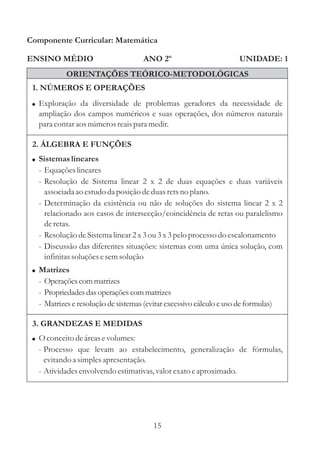 Componente Curricular: Matemática

ENSINO MÉDIO                          ANO 2º                          UNIDADE: 1
            ORIENTAÇÕES TEÓRICO-METODOLÓGICAS
 1. NÚMEROS E OPERAÇÕES
 ! Exploração da diversidade de problemas geradores da necessidade de
   ampliação dos campos numéricos e suas operações, dos números naturais
   para contar aos números reais para medir.

 2. ÁLGEBRA E FUNÇÕES
 ! Sistemas lineares
   - Equações lineares
   - Resolução de Sistema linear 2 x 2 de duas equações e duas variáveis
     associada ao estudo da posição de duas rets no plano.
   - Determinação da existência ou não de soluções do sistema linear 2 x 2
     relacionado aos casos de intersecção/coincidência de retas ou paralelismo
     de retas.
   - Resolução de Sistema linear 2 x 3 ou 3 x 3 pelo processo do escalonamento
   - Discussão das diferentes situações: sistemas com uma única solução, com
     infinitas soluções e sem solução
 ! Matrizes
   - Operações com matrizes
   - Propriedades das operações com matrizes
   - Matrizes e resolução de sistemas (evitar excessivo cálculo e uso de formulas)

 3. GRANDEZAS E MEDIDAS
 ! O conceito de áreas e volumes:
   - Processo que levam ao estabelecimento, generalização de fórmulas,
     evitando a simples apresentação.
   - Atividades envolvendo estimativas, valor exato e aproximado.




                                         15
 