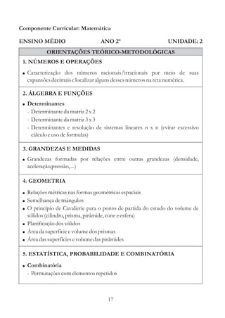 Componente Curricular: Matemática

ENSINO MÉDIO                         ANO 2º                      UNIDADE: 2
            ORIENTAÇÕES TEÓRICO-METODOLÓGICAS
 1. NÚMEROS E OPERAÇÕES
 ! Caracterização dos números racionais/irracionais por meio de suas
   expansões decimais e localizar alguns desses números na reta numérica.

 2. ÁLGEBRA E FUNÇÕES
 ! Determinantes
   - Determinante da matriz 2 x 2
   - Determinante da matriz 3 x 3
   - Determinantes e resolução de sistemas lineares n x n (evitar excessivo
     cálculo e uso de formulas)

 3. GRANDEZAS E MEDIDAS
 ! Grandezas formadas por relações entre outras grandezas (densidade,
   aceleração,pressão, ...)

 4. GEOMETRIA
 ! Relações métricas nas formas geométricas espaciais
 ! Semelhança de triângulos
 ! O princípio de Cavalierie para o ponto de partida do estudo do volume de
   sólidos (cilindro, prisma, pirâmide, cone e esfera)
 ! Planificação dos sólidos
 ! Área da superfície e volume dos prismas
 ! Área das superfícies e volume das pirâmides

 5. ESTATÍSTICA, PROBABILIDADE E COMBINATÓRIA
 ! Combinatória
   - Permutações com elementos repetidos



                                         17
 
