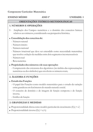 Componente Curricular: Matemática

ENSINO MÉDIO                       ANO 1º                        UNIDADE: 1
           ORIENTAÇÕES TEÓRICO-METODOLÓGICAS
 1. NÚMEROS E OPERAÇÕES
 I - Ampliação dos Campos numéricos e o domínio dos conceitos básicos
     relativos aos números, considerando sua perspectiva histórica.

 ! Consolidação dos conceitos de:
   - Número natural
   - Número inteiro
   - Número racional
   - Número irracional que deve ser entendido como necessidade matemática
     que resolve a relação de medidas entre dois segmentos incomensuráveis
   - Número real
   - Reta numérica
 ! Propriedades dos números e de suas operações
   - Compreensão das estruturas dos algoritmos (no âmbito das representações
     numéricas ou dos símbolos) que envolvem os números reais;

 2. ÁLGEBRA E FUNÇÕES
 ! Estudo das Funções
   - O papel das Funções como modelo matemático para o estudo da variação
     entre grandezas em fenômenos do mundo natural e social.
   - O conceito de domínio e de imagem de função composta e de função
     inversa.
   - Gráfico de função

 3. GRANDEZAS E MEDIDAS
 ! Proporcionalidade direta como modelo particular de crescimento (f(x) = a )
                                                                           x


 ! Proporcionalidade inversa (f(x) = a/x)




                                       7
 