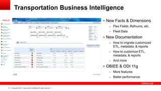 Transportation Business Intelligence
                                                                             New Facts & Dimensions
                                                                               – Flex Fields, Refnums, etc.
                                                                               – Fleet Data

                                                                             New Documentation
                                                                               – How to migrate customized
                                                                                 ETL, metadata, & reports
                                                                               – How to customize ETL,
                                                                                 metadata, & reports
                                                                               – And more

                                                                             OBIEE & ODI 11g
                                                                               – More features
                                                                               – Better performance


13   Copyright © 2012, Oracle and/or its affiliates. All rights reserved.
 