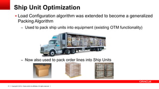 Ship Unit Optimization
            Load Configuration algorithm was extended to become a generalized
                Packing Algorithm
                     – Used to pack ship units into equipment (existing OTM functionality)




                     – Now also used to pack order lines into Ship Units




21   Copyright © 2012, Oracle and/or its affiliates. All rights reserved.
 