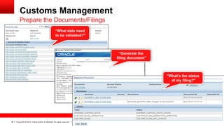 Customs Management
         Prepare the Documents/Filings
                                                      “What data need
                                                      to be validated?”



                                                                              “Generate the
                                                                            filing document”



                                                                                               “What’s the status
                                                                                                 of my filing?”




38   Copyright © 2012, Oracle and/or its affiliates. All rights reserved.
 