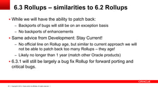 6.3 Rollups – similarities to 6.2 Rollups
  While we will have the ability to patch back:
          – Backports of bugs will still be on an exception basis
          – No backports of enhancements
  Same advice from Development: Stay Current!
          – No official line on Rollup age, but similar to current approach we will
                 not be able to patch back too many Rollups – they age!
          – Likely no longer than 1 year (match other Oracle products)
  6.3.1 will still be largely a bug fix Rollup for forward porting and
     critical bugs.



43   Copyright © 2012, Oracle and/or its affiliates. All rights reserved.
 