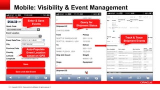 Mobile: Visibility & Event Management
                                Enter & Save
                                                                              Query for
                                   Events
                                                                           Shipment Status



                                                                                              Track & Trace
                                                                                             Shipment Events


                              Auto-Populate
                              Event Location
                              based on GPS




9   Copyright © 2012, Oracle and/or its affiliates. All rights reserved.
 