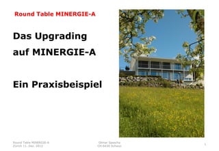 Round Table MINERGIE-A



Das Upgrading
auf MINERGIE-A


Ein Praxisbeispiel




Round Table MINERGIE-A    Otmar Spescha
                                          1
Zürich 11. Dez. 2012     CH-6430 Schwyz
 