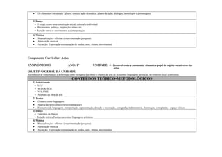 •    Os elementos estruturais: gênero, enredo, ação dramática, planos de ação, diálogos, monólogos e personagens.


     3. Dança
      • O corpo, como uma construção social, cultural e individual
      • Movimentos, esforço, respiração, ritmo, etc.
      • Relação entre os movimentos e a interpretação
     4. Música
     • Musicalização - oficinas (experimentação/pesquisa)
     • Apreciação musical
     • A canção: Exploração/extruturação de ruídos, sons, rítmos, movimentos.




Componente Curricular: Artes

ENSINO MÉDIO                           ANO: 1º                  UNIDADE: 4 – Desenvolvendo a autonomia: situando o papel do sujeito no universo das
                                                                                     artes
OBJETIVO GERAL DA UNIDADE
Reconhecer as semelhanças e diferenças entre os signos das obras e objetos de arte de diferentes linguagens artísticas, no contexto local e universal.
                                           CONTEÚDOS TEÓRICO-METODOLÓGICOS
     1. Artes visuais
      • LUZ
      • SUPERFÍCIE
      • VOLUME
      • A leitura da obra de arte
     2. Teatro
     • O teatro como linguagem
     • Análise do texto cênico (texto espetacular)
     • Elementos da linguagem: interpretação, representação, direção e encenação, cenografia, indumentária, iluminação, sonoplastia e espaço-cênico.
     3. Dança
      • Contextos da Dança
      • Relação entre a Dança e as outras linguagens artísticas
     4. Música
     • Musicalização - oficinas (experimentação/pesquisa)
     • Apreciação musical
     • A canção: Exploração/extruturação de ruídos, sons, rítmos, movimentos.
 