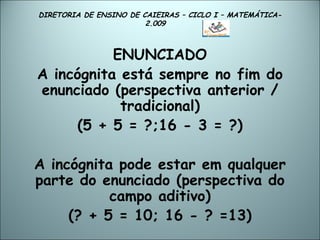 DIRETORIA DE ENSINO DE CAIEIRAS – CICLO I – MATEMÁTICA- 2.009  ENUNCIADO A incógnita está sempre no fim do enunciado (perspectiva anterior / tradicional) (5 + 5 = ?;16 - 3 = ?) A incógnita pode estar em qualquer parte do enunciado (perspectiva do campo aditivo) (? + 5 = 10; 16 - ? =13) 