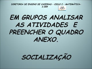 DIRETORIA DE ENSINO DE CAIEIRAS – CICLO I – MATEMÁTICA- 2.009  EM GRUPOS ANALISAR AS ATIVIDADES  E PREENCHER O QUADRO ANEXO. SOCIALIZAÇÃO 