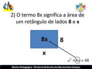2) O termo 8x significa a área de 
um retângulo de lados 8 e x 
8 
8x 
x 
x2 + 8x = 48 
 