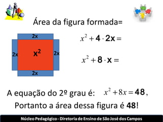 Área da figura formada= 
x2 + 4 × 2x = 
x2 + 8 × x = 
A equação do 2º grau é: x2 + 8x = 48 , 
Portanto a área dessa figura é 48! 
 